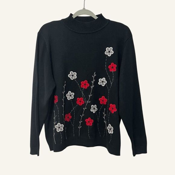 Alfred Dunner Womens Mock Neck Sweater Size XL Black Floral Applique Wool Blend - Picture 1 of 9